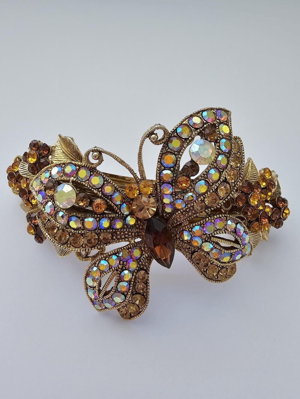 Large Vintage Style Butterfly Barrette - Gold Tone Filigree with Aurora Borealis